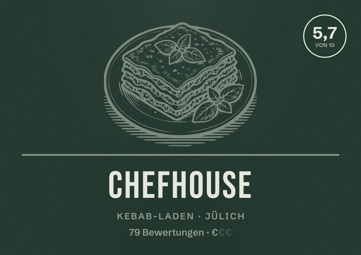 Illustriertes Poster von Chefhouse, Kebab-Laden in Jülich: Bewertung 5,7 von 10 aus 79 Bewertungen, Preisniveau €
