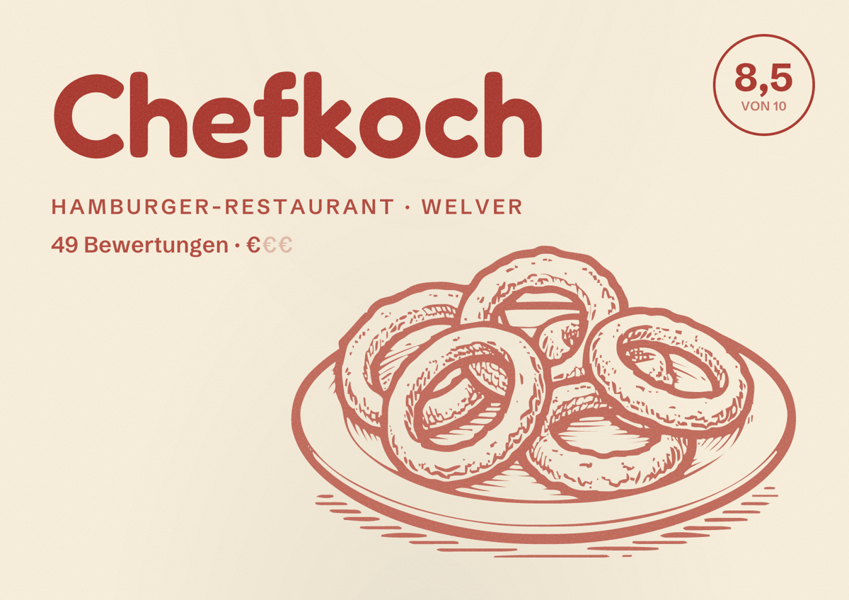 Illustriertes Poster von Chefkoch, Hamburger-Restaurant in Welver: Bewertung 8,5 von 10 aus 49 Bewertungen, Preisniveau €