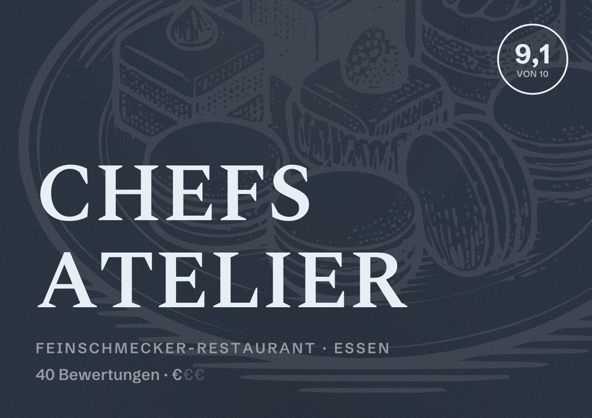 Illustriertes Poster von CHEFS ATELIER, Feinschmecker-Restaurant in Essen: Bewertung 9,1 von 10 aus 40 Bewertungen, Preisniveau €
