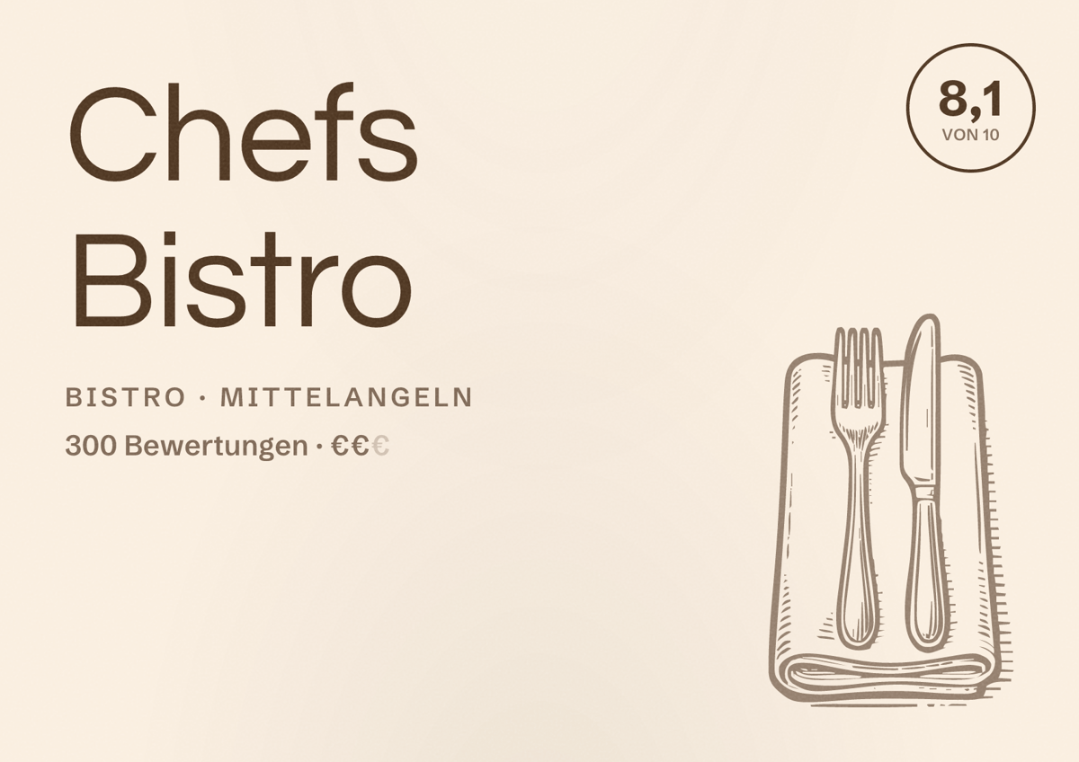 Illustriertes Poster von Chefs Bistro, Bistro in Mittelangeln: Bewertung 8,1 von 10 aus 300 Bewertungen, Preisniveau €€