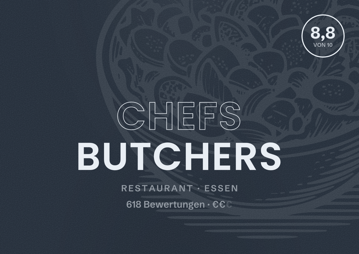 Illustriertes Poster von CHEFS BUTCHERS, Restaurant in Essen: Bewertung 8,8 von 10 aus 618 Bewertungen, Preisniveau €€