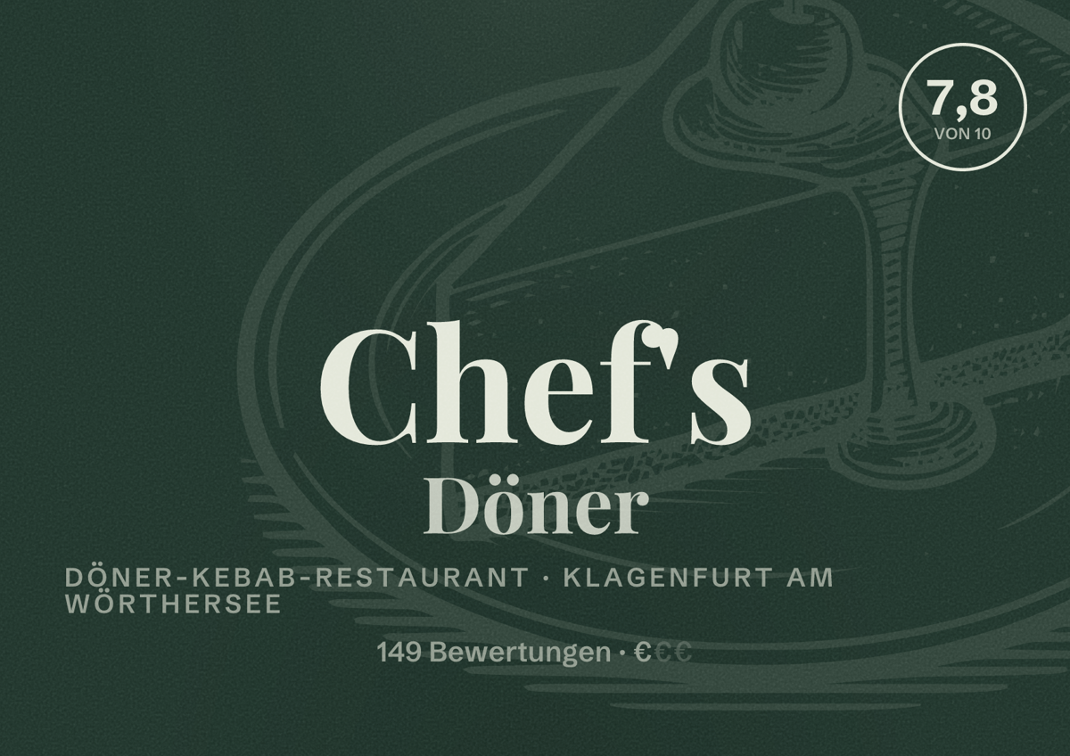 Illustriertes Poster von Chef's Döner, Döner-Kebab-Restaurant in Klagenfurt am Wörthersee: Bewertung 7,8 von 10 aus 149 Bewertungen, Preisniveau €