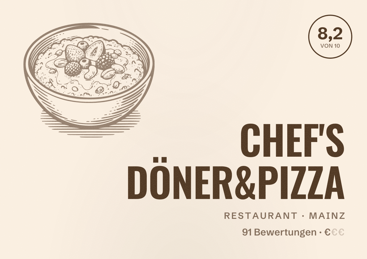 Illustriertes Poster von CHEF'S DÖNER&PIZZA, Restaurant in Mainz: Bewertung 8,2 von 10 aus 91 Bewertungen, Preisniveau €