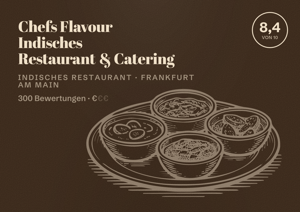 Illustriertes Poster von Chefs Flavour Indisches Restaurant & Catering, Indisches Restaurant in Frankfurt am Main: Bewertung 8,4 von 10 aus 300 Bewertungen, Preisniveau €