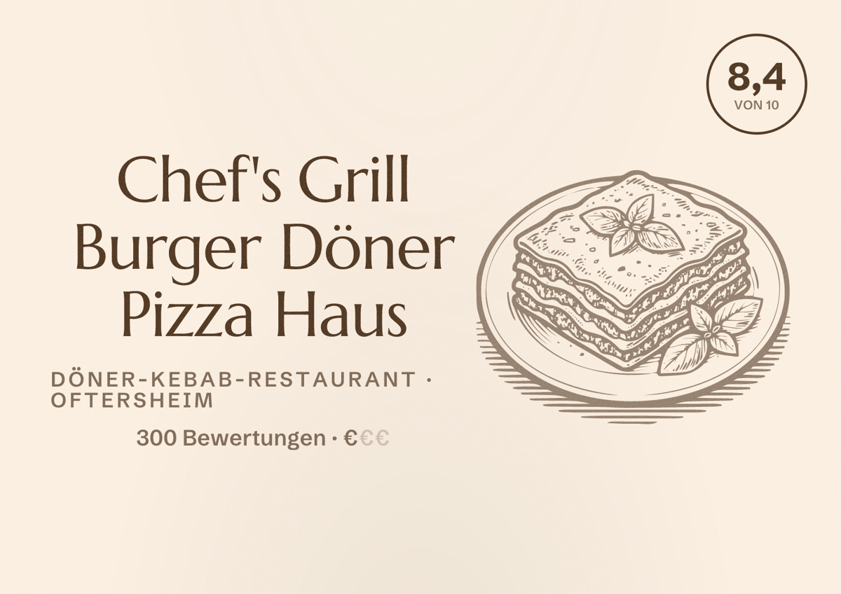 Illustriertes Poster von Chef's Grill Burger Döner Pizza Haus, Döner-Kebab-Restaurant in Oftersheim: Bewertung 8,4 von 10 aus 300 Bewertungen, Preisniveau €