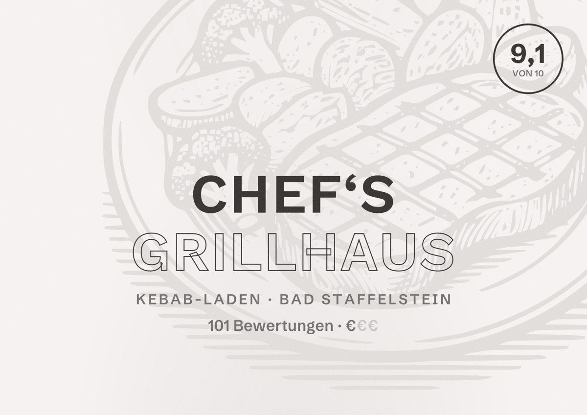 Illustriertes Poster von Chef‘s Grillhaus, Kebab-Laden in Bad Staffelstein: Bewertung 9,1 von 10 aus 101 Bewertungen, Preisniveau €