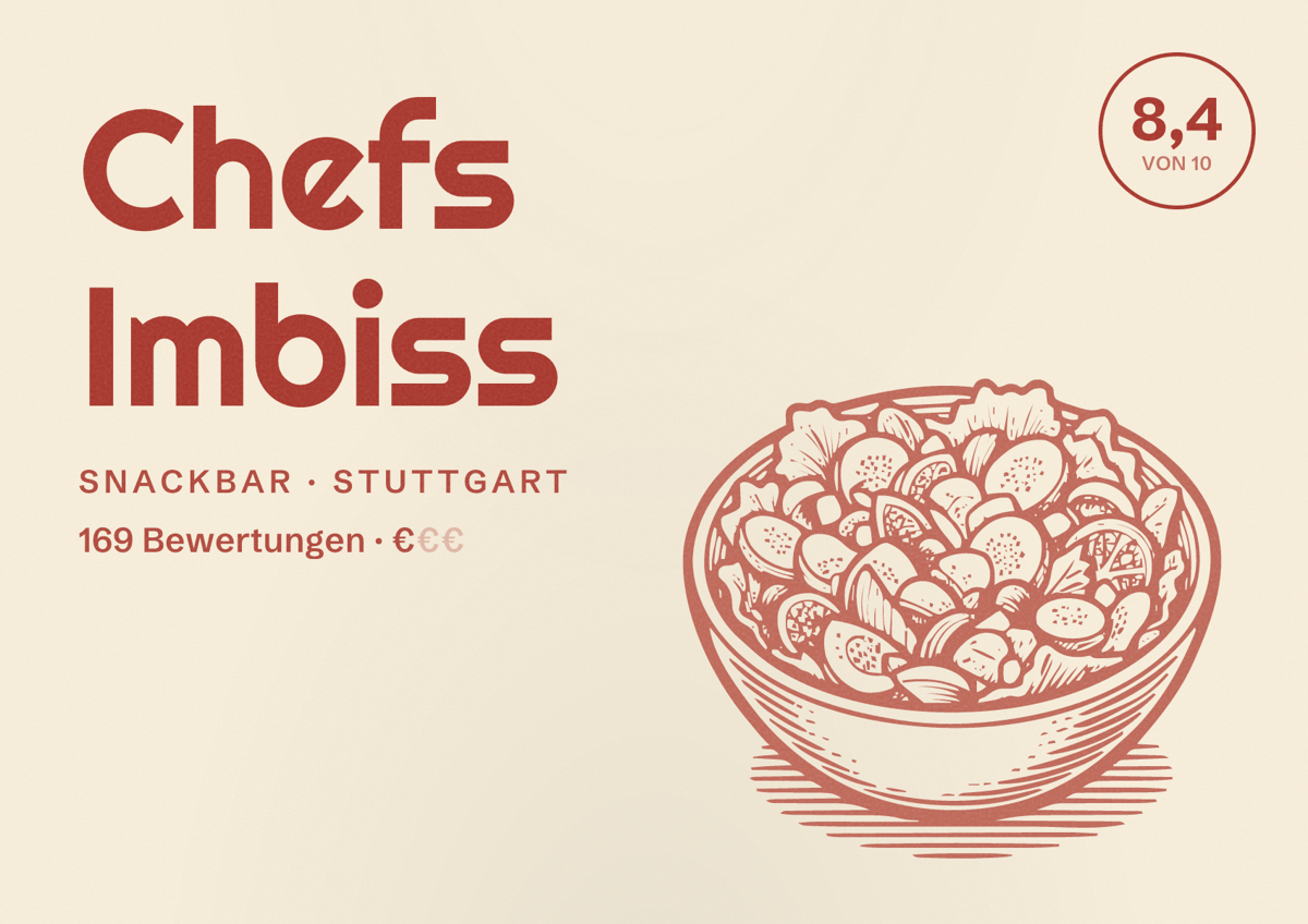 Illustriertes Poster von Chefs Imbiss, Snackbar in Stuttgart: Bewertung 8,4 von 10 aus 169 Bewertungen, Preisniveau €