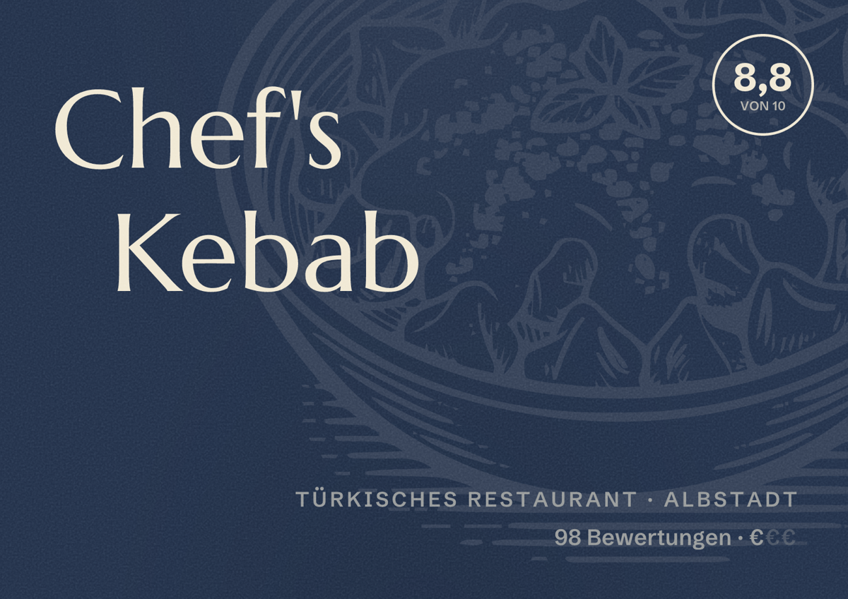 Illustriertes Poster von Chef's Kebab, Türkisches Restaurant in Albstadt: Bewertung 8,8 von 10 aus 98 Bewertungen, Preisniveau €