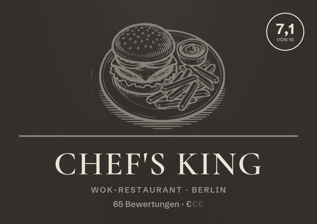 Illustriertes Poster von Chef's King, Wok-Restaurant in Berlin: Bewertung 7,1 von 10 aus 65 Bewertungen, Preisniveau €