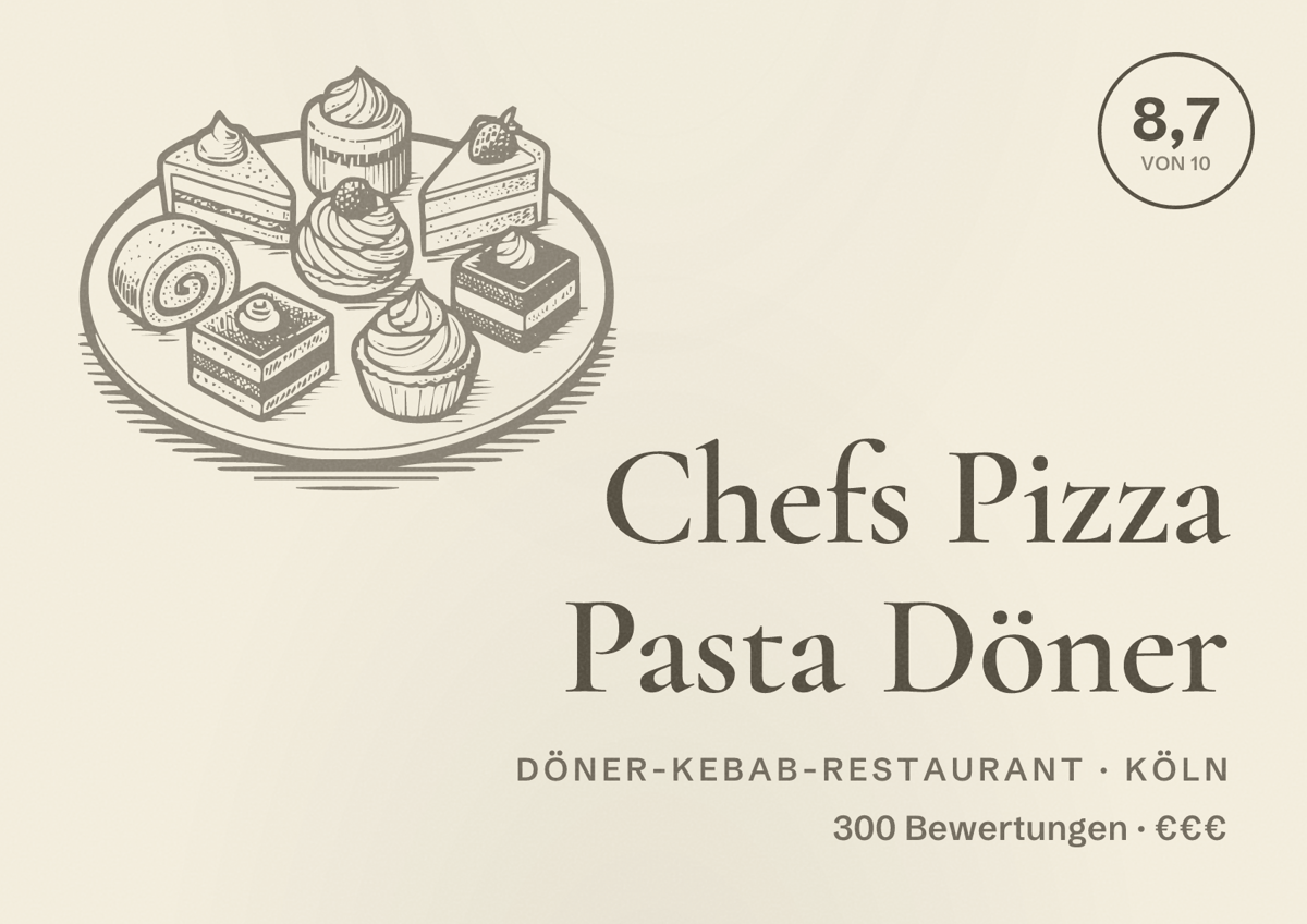 Illustriertes Poster von Chefs Pizza Pasta Döner, Döner-Kebab-Restaurant in Köln: Bewertung 8,7 von 10 aus 300 Bewertungen, Preisniveau €€€