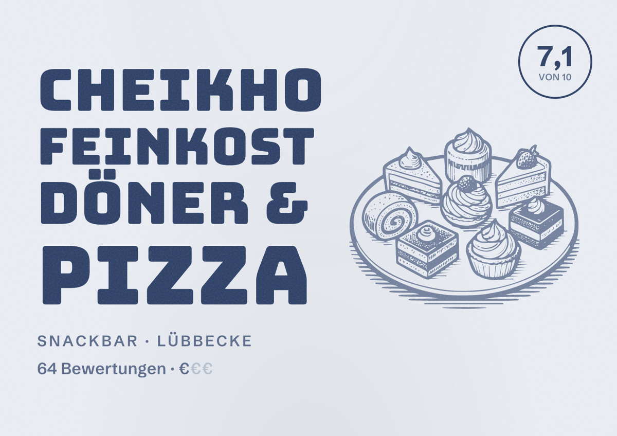 Illustriertes Poster von Cheikho Feinkost Döner & Pizza, Snackbar in Lübbecke: Bewertung 7,1 von 10 aus 64 Bewertungen, Preisniveau €