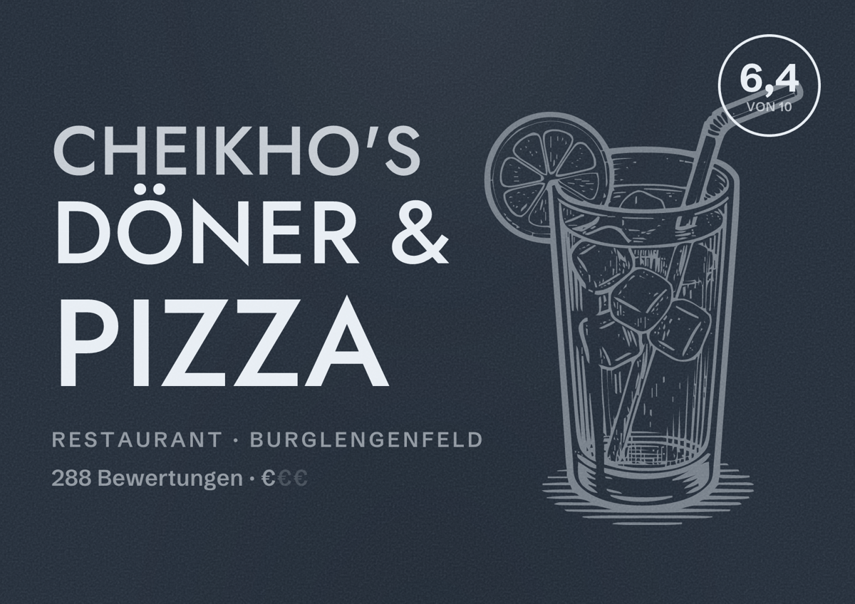 Illustriertes Poster von Cheikho's Döner & Pizza, Restaurant in Burglengenfeld: Bewertung 6,4 von 10 aus 288 Bewertungen, Preisniveau €
