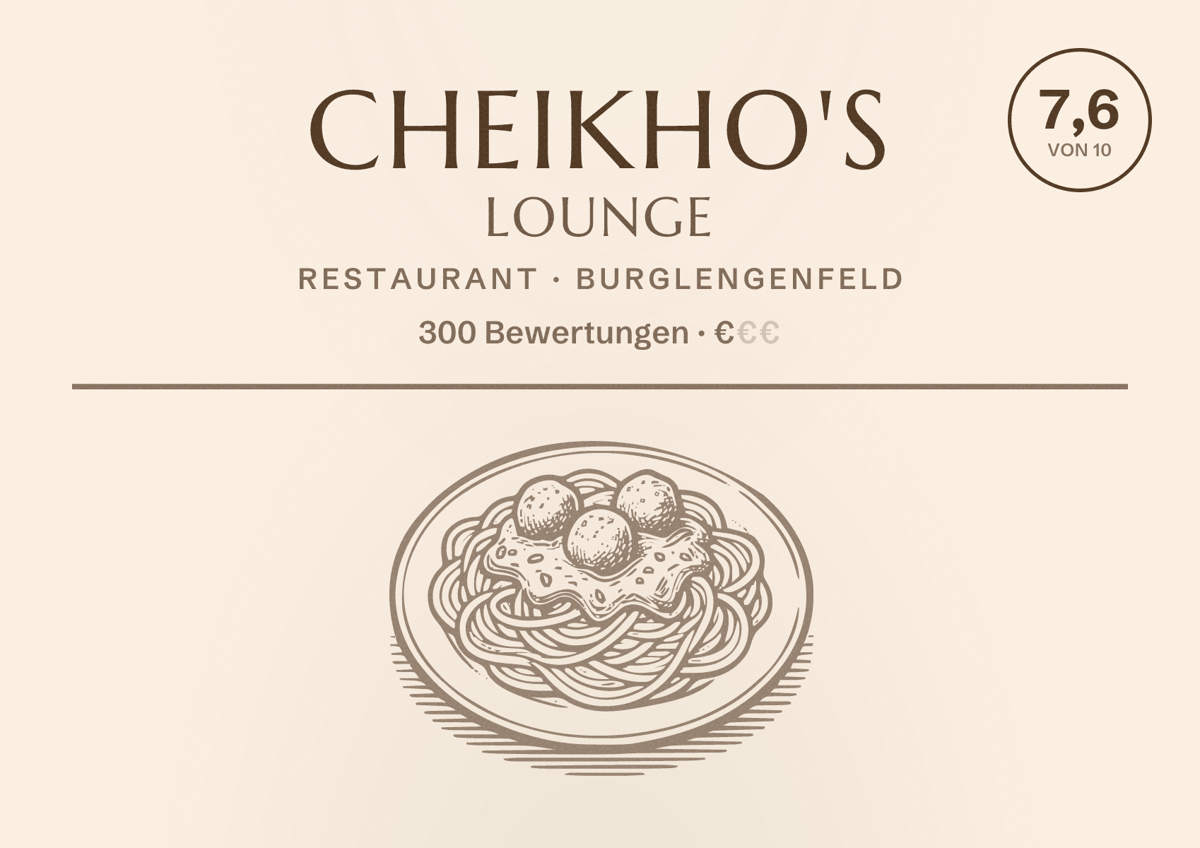Illustriertes Poster von Cheikho's Lounge, Restaurant in Burglengenfeld: Bewertung 7,6 von 10 aus 300 Bewertungen, Preisniveau €