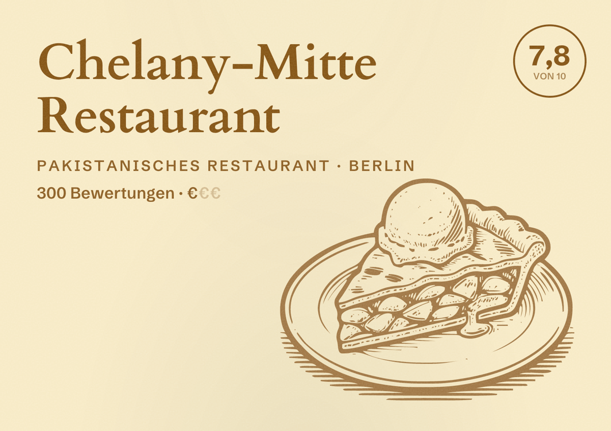 Illustriertes Poster von Chelany-Mitte Restaurant, Pakistanisches Restaurant in Berlin: Bewertung 7,8 von 10 aus 300 Bewertungen, Preisniveau €