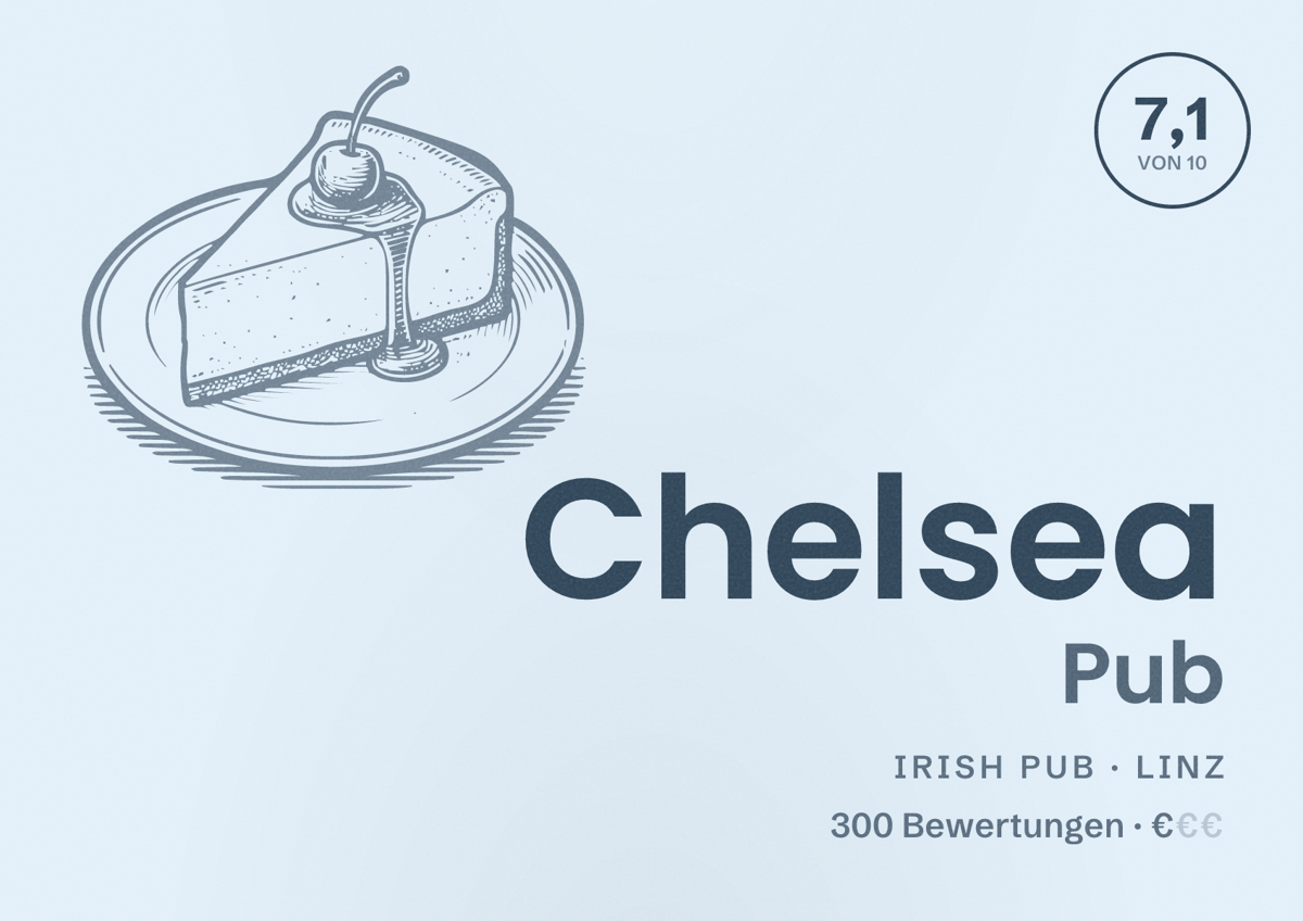 Illustriertes Poster von Chelsea Pub, Irish Pub in Linz: Bewertung 7,1 von 10 aus 300 Bewertungen, Preisniveau €