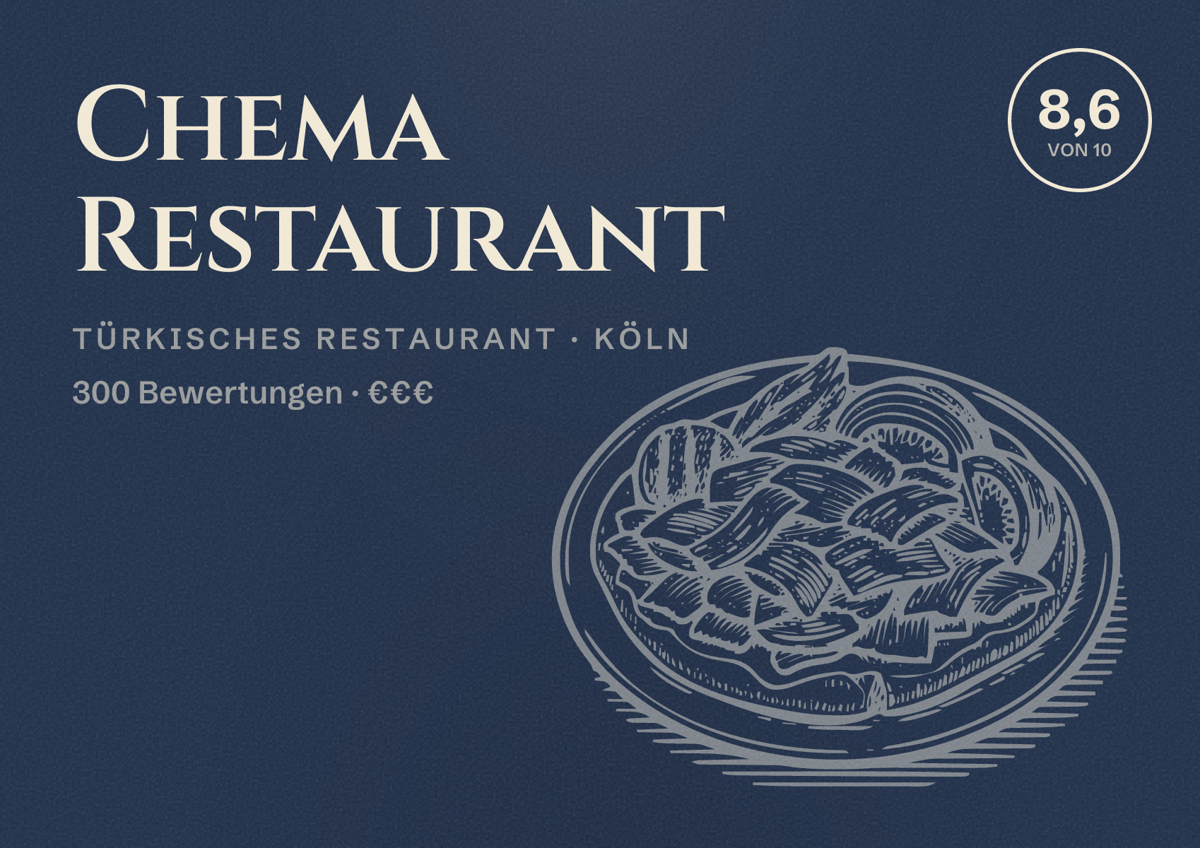 Illustriertes Poster von Chema Restaurant, Türkisches Restaurant in Köln: Bewertung 8,6 von 10 aus 300 Bewertungen, Preisniveau €€€