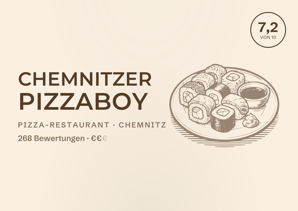 Illustriertes Poster von Chemnitzer Pizzaboy, Pizza-Restaurant in Chemnitz: Bewertung 7,2 von 10 aus 268 Bewertungen, Preisniveau €€