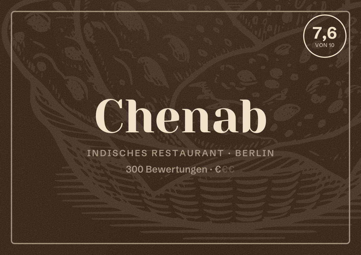 Illustriertes Poster von Chenab, Indisches Restaurant in Berlin: Bewertung 7,6 von 10 aus 300 Bewertungen, Preisniveau €