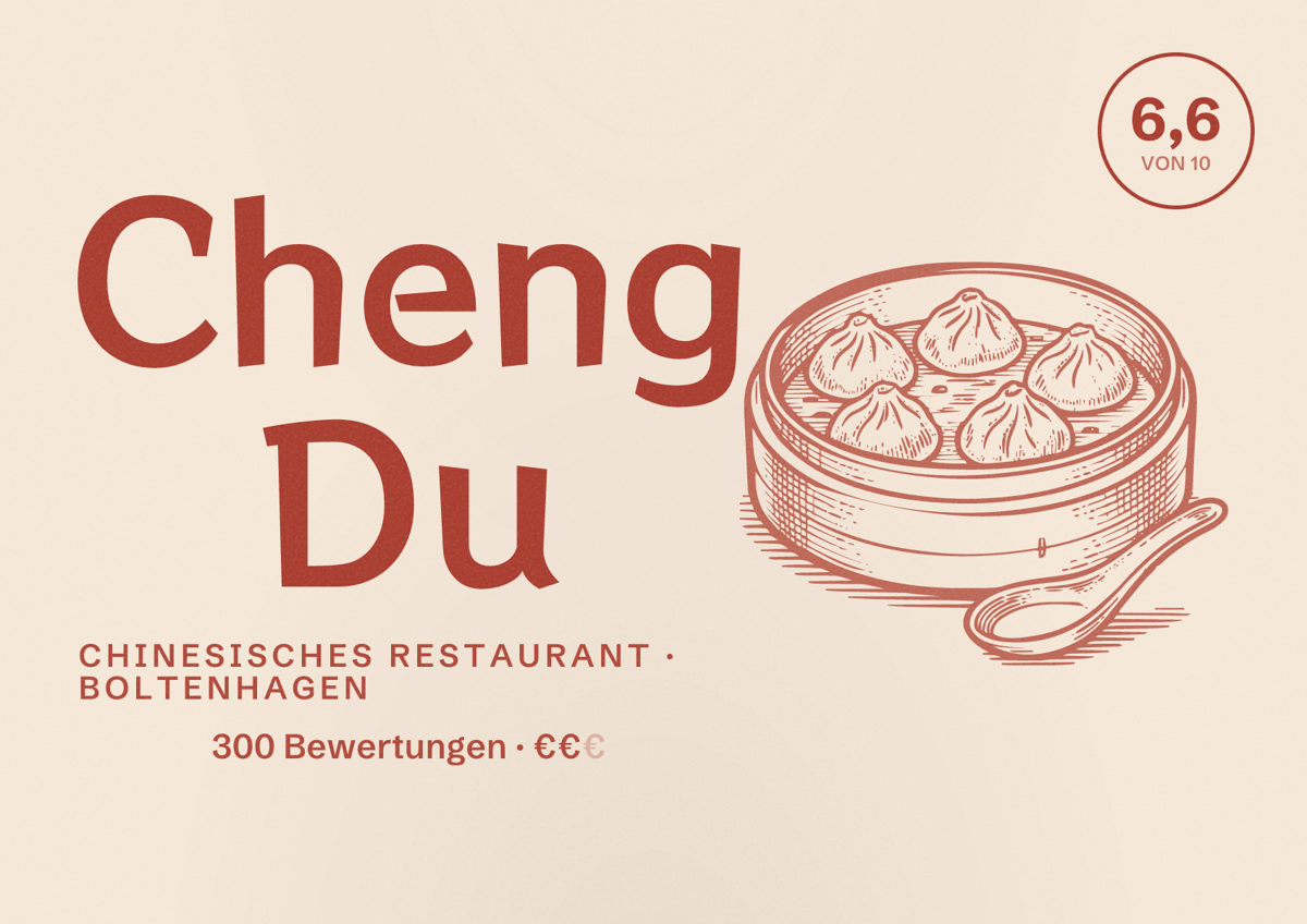 Illustriertes Poster von Cheng Du, Chinesisches Restaurant in Boltenhagen: Bewertung 6,6 von 10 aus 300 Bewertungen, Preisniveau €€