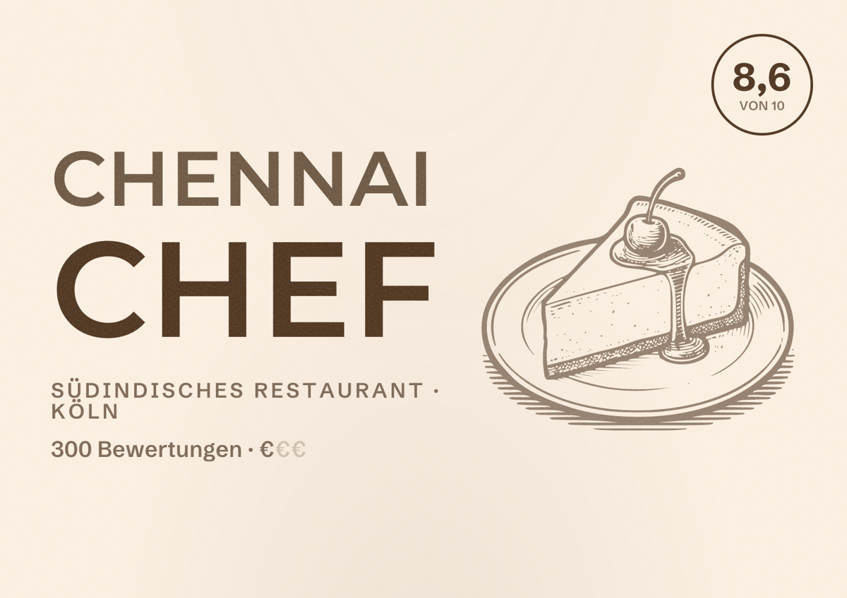 Illustriertes Poster von Chennai Chef, Südindisches Restaurant in Köln: Bewertung 8,6 von 10 aus 300 Bewertungen, Preisniveau €