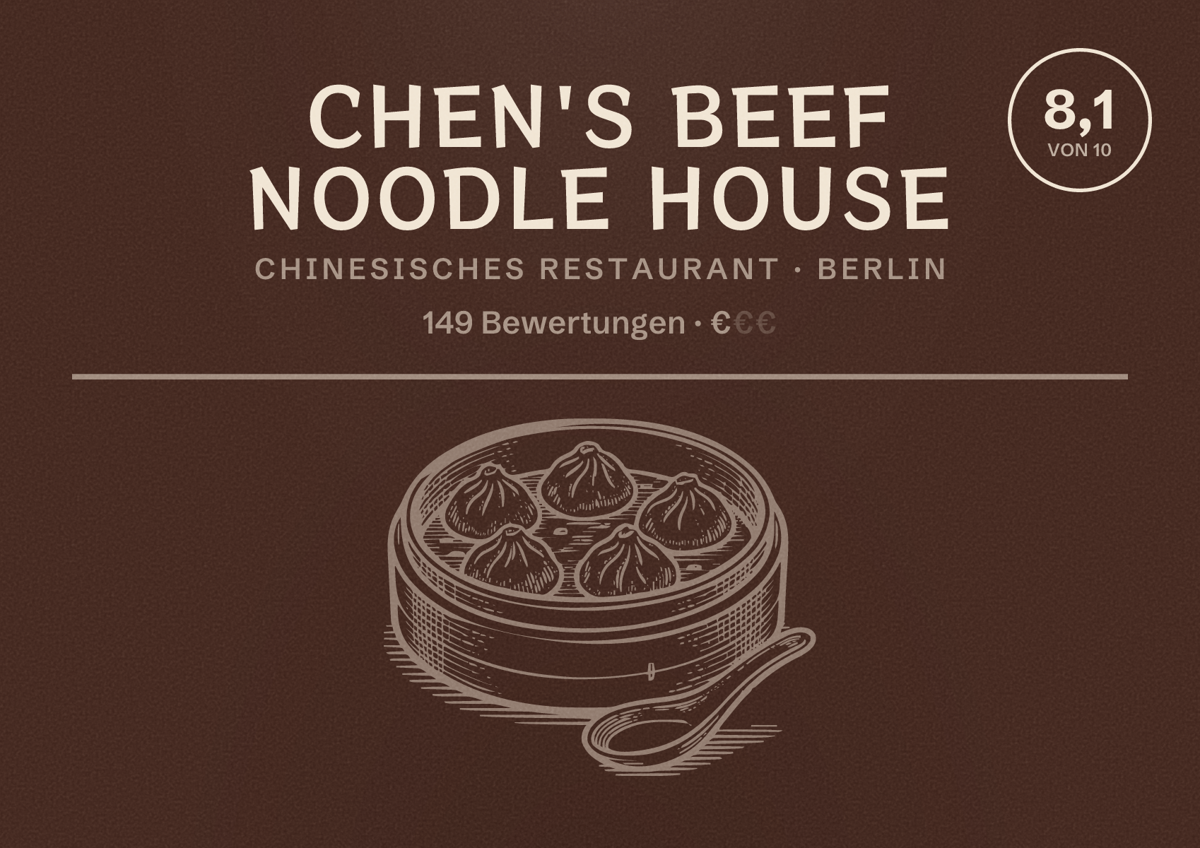 Illustriertes Poster von Chen's Beef Noodle House, Chinesisches Restaurant in Berlin: Bewertung 8,1 von 10 aus 149 Bewertungen, Preisniveau €