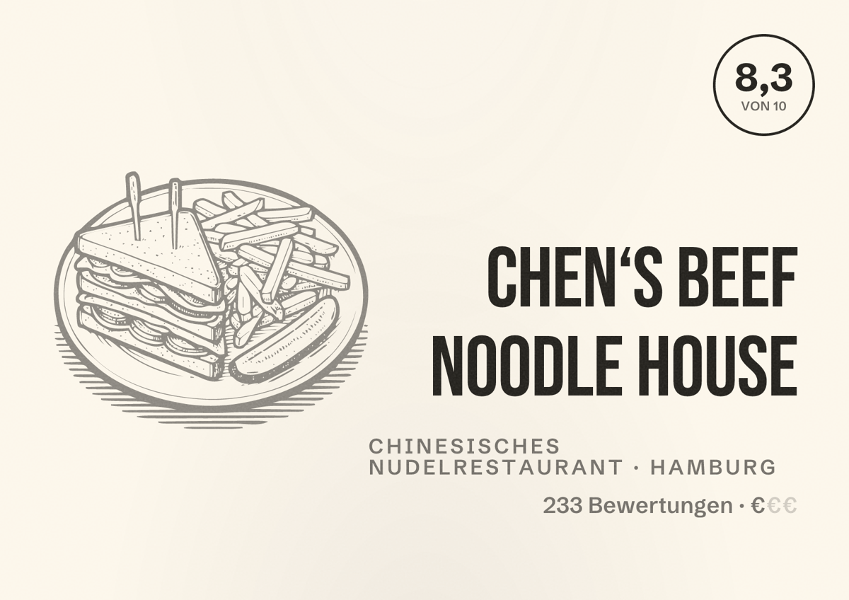 Illustriertes Poster von Chen‘s Beef Noodle house, Chinesisches Nudelrestaurant in Hamburg: Bewertung 8,3 von 10 aus 233 Bewertungen, Preisniveau €
