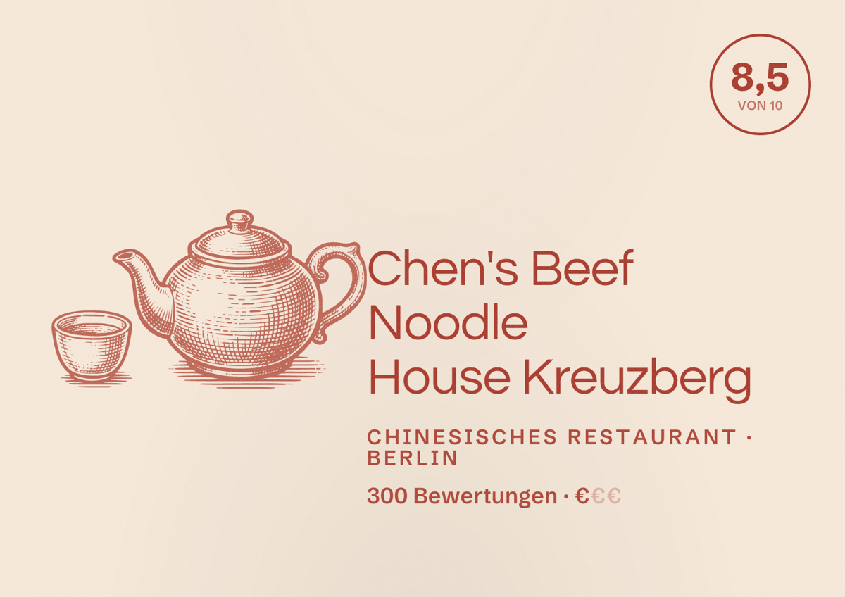 Illustriertes Poster von Chen's Beef Noodle House Kreuzberg, Chinesisches Restaurant in Berlin: Bewertung 8,5 von 10 aus 300 Bewertungen, Preisniveau €