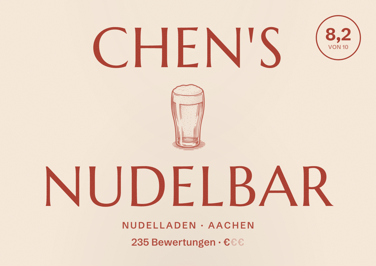 Illustriertes Poster von Chen's Nudelbar, Nudelladen in Aachen: Bewertung 8,2 von 10 aus 235 Bewertungen, Preisniveau €