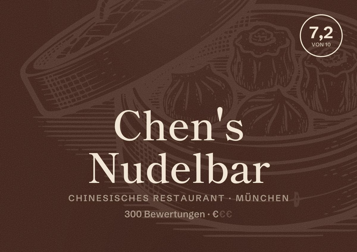 Illustriertes Poster von Chen's Nudelbar, Chinesisches Restaurant in München: Bewertung 7,2 von 10 aus 300 Bewertungen, Preisniveau €