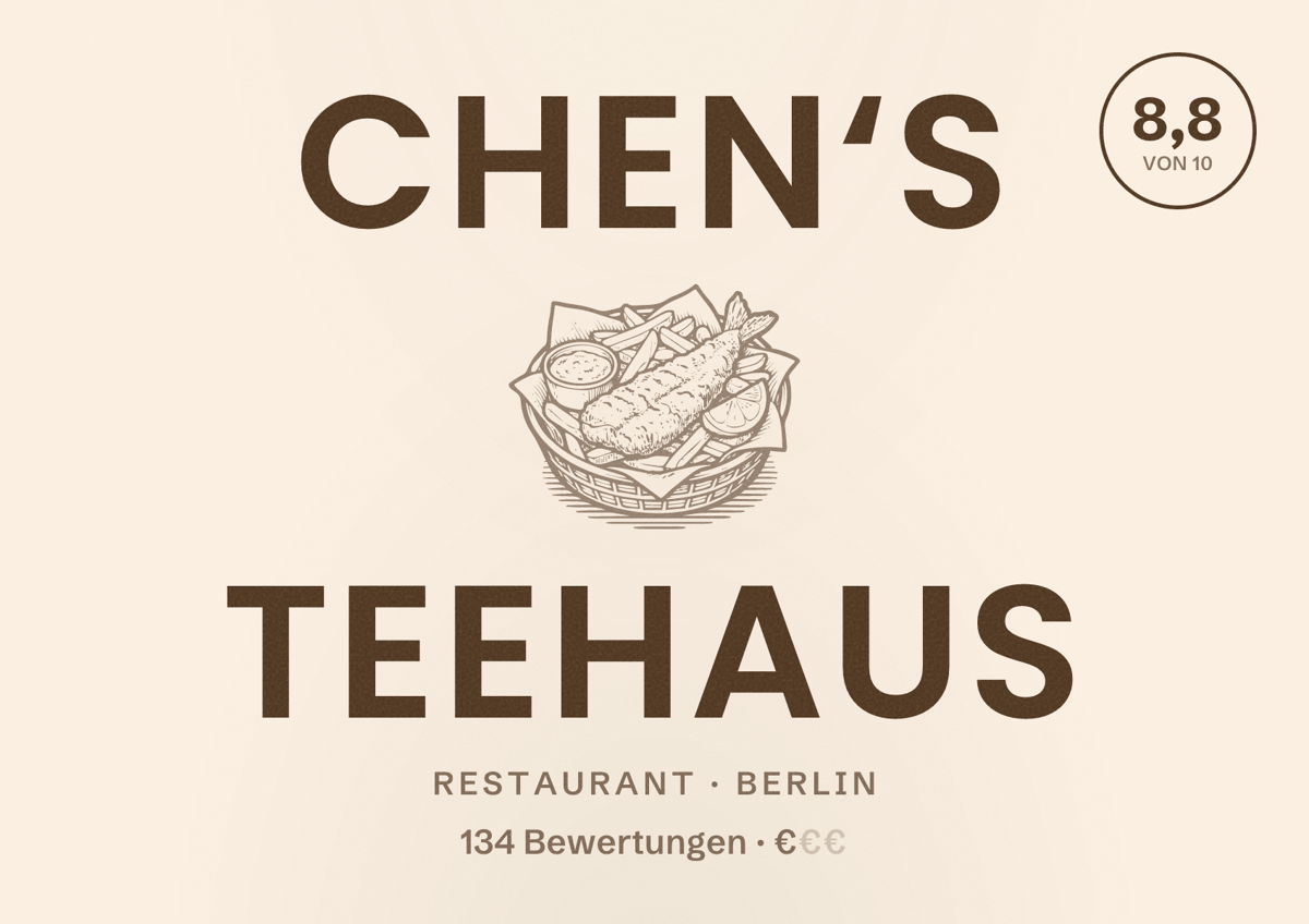 Illustriertes Poster von Chen‘s Teehaus, Restaurant in Berlin: Bewertung 8,8 von 10 aus 134 Bewertungen, Preisniveau €