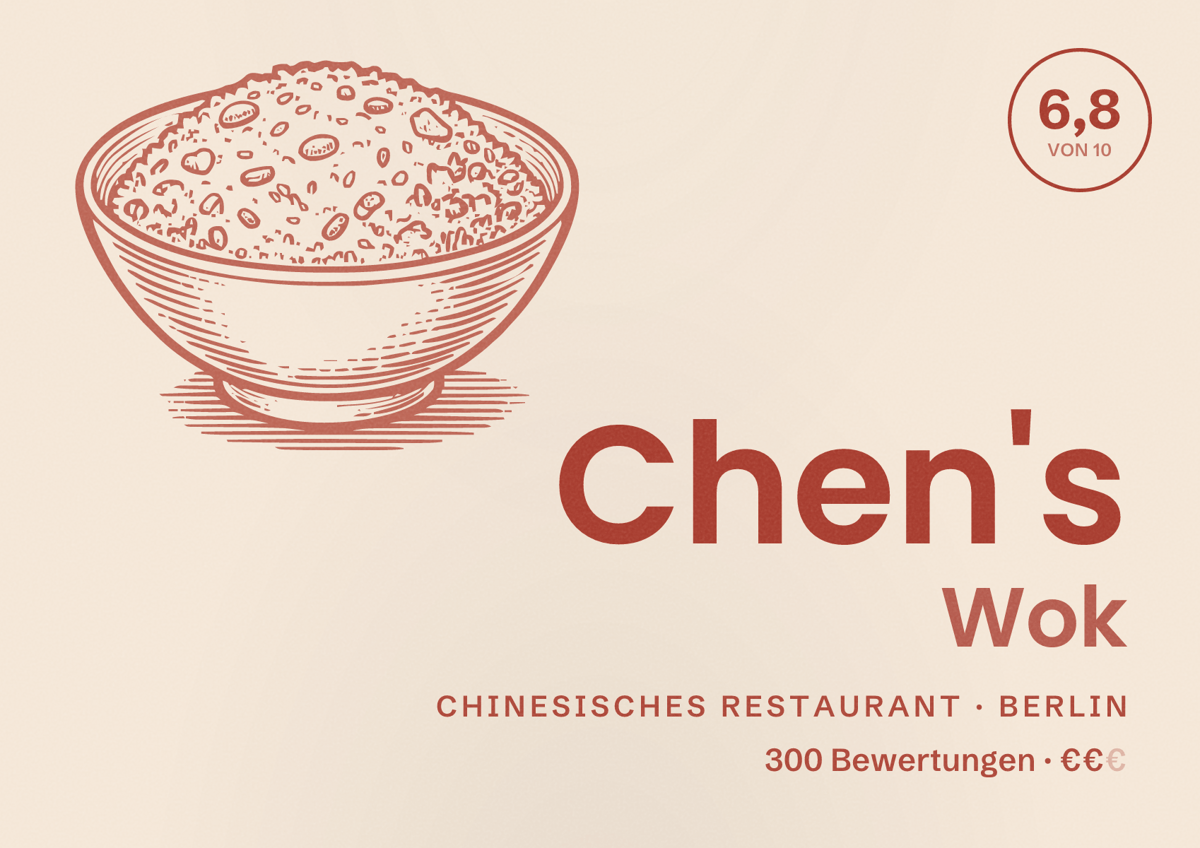 Illustriertes Poster von Chen's Wok, Chinesisches Restaurant in Berlin: Bewertung 6,8 von 10 aus 300 Bewertungen, Preisniveau €€