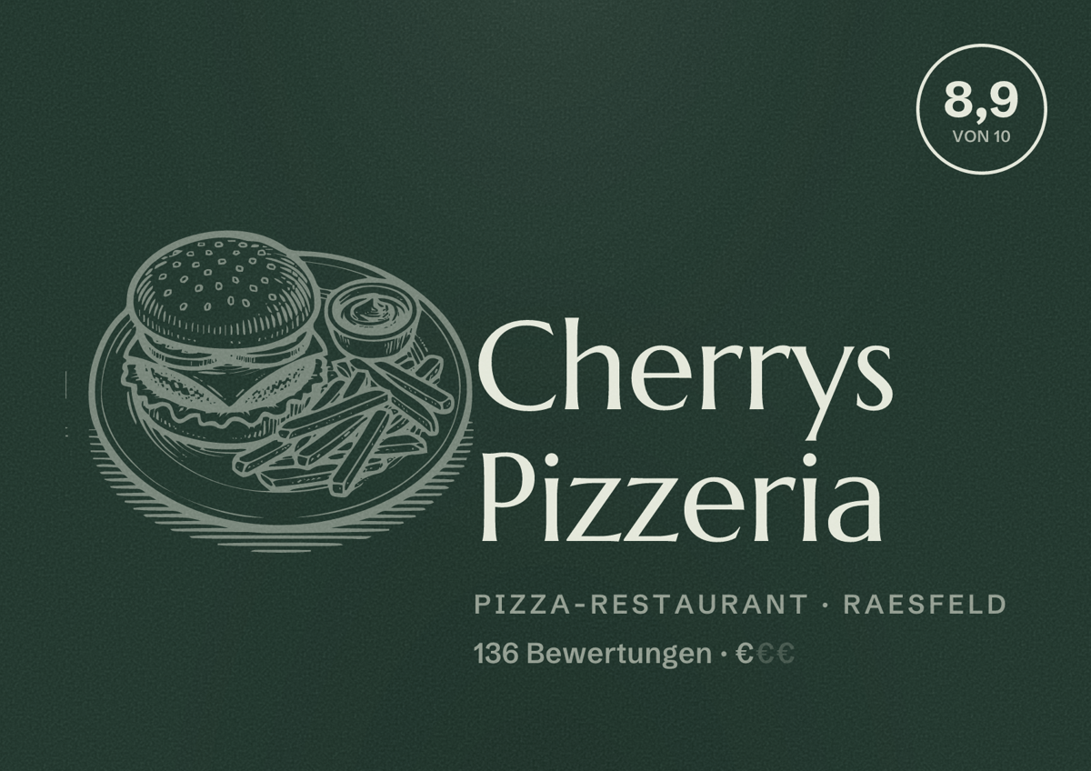 Illustriertes Poster von Cherrys Pizzeria, Pizza-Restaurant in Raesfeld: Bewertung 8,9 von 10 aus 136 Bewertungen, Preisniveau €