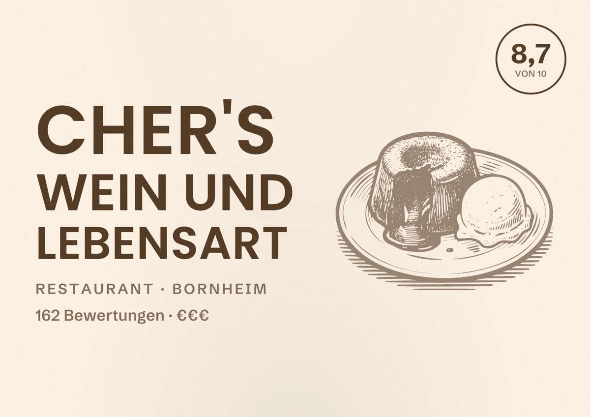 Illustriertes Poster von Cher's Wein und Lebensart, Restaurant in Bornheim: Bewertung 8,7 von 10 aus 162 Bewertungen, Preisniveau €€€