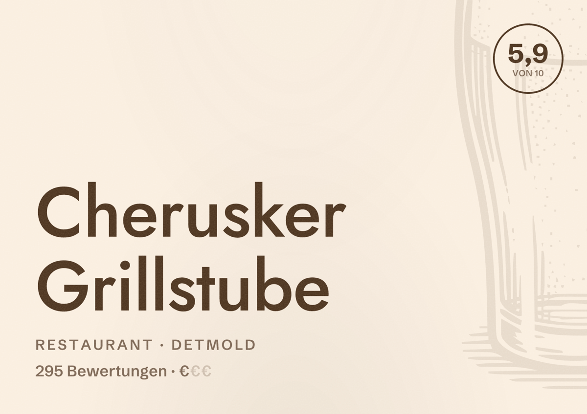 Illustriertes Poster von Cherusker Grillstube, Restaurant in Detmold: Bewertung 5,9 von 10 aus 295 Bewertungen, Preisniveau €
