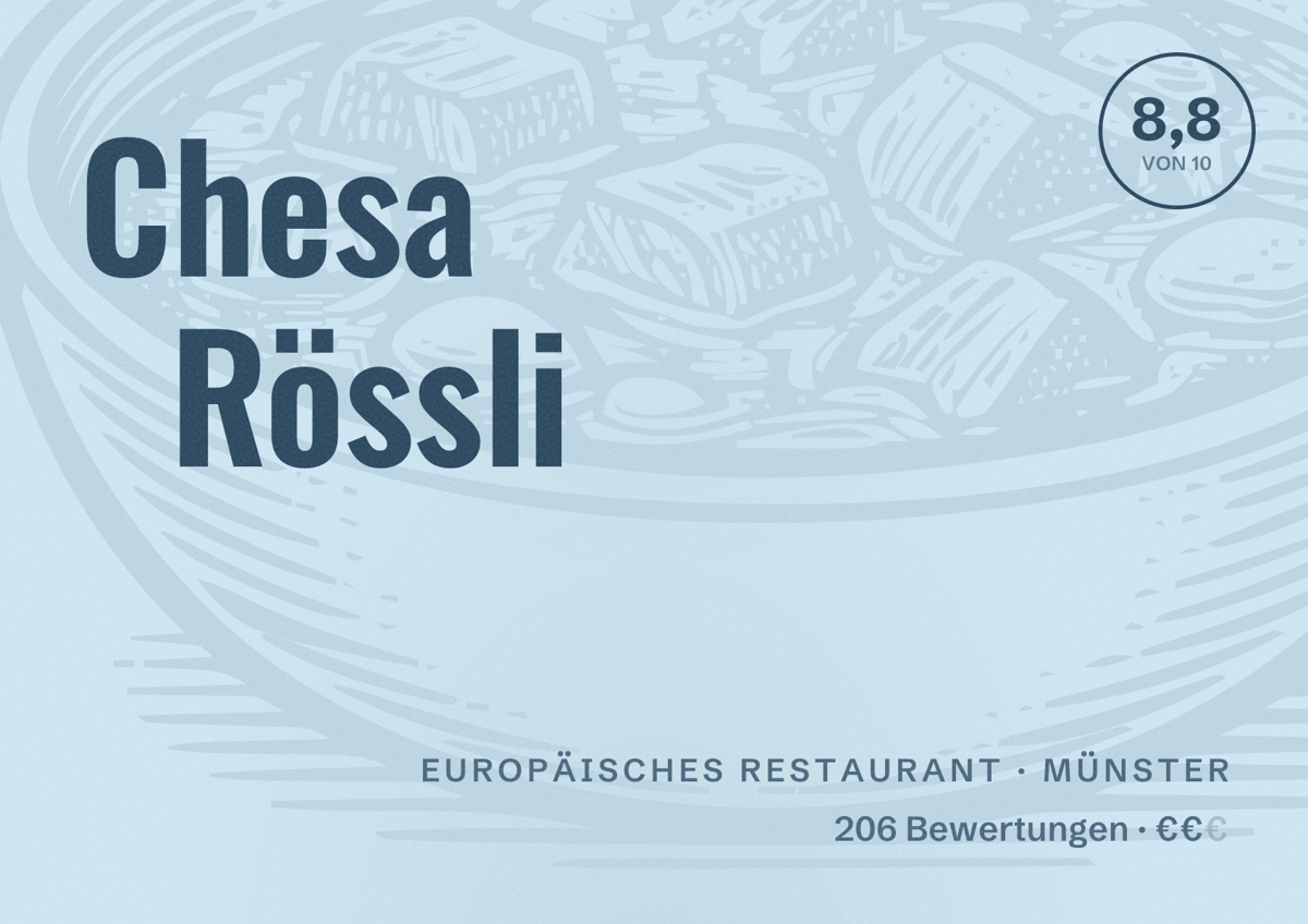 Illustriertes Poster von Chesa Rössli, Europäisches Restaurant in Münster: Bewertung 8,8 von 10 aus 206 Bewertungen, Preisniveau €€