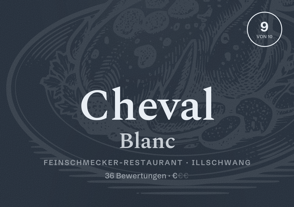 Illustriertes Poster von Cheval Blanc, Feinschmecker-Restaurant in Illschwang: Bewertung 9 von 10 aus 36 Bewertungen, Preisniveau €
