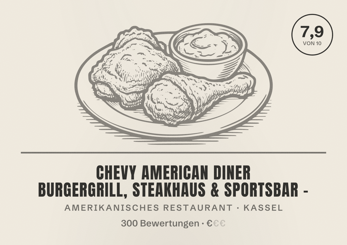 Illustriertes Poster von Chevy American Diner Burgergrill, Steakhaus & Sportsbar -, Amerikanisches Restaurant in Kassel: Bewertung 7,9 von 10 aus 300 Bewertungen, Preisniveau €