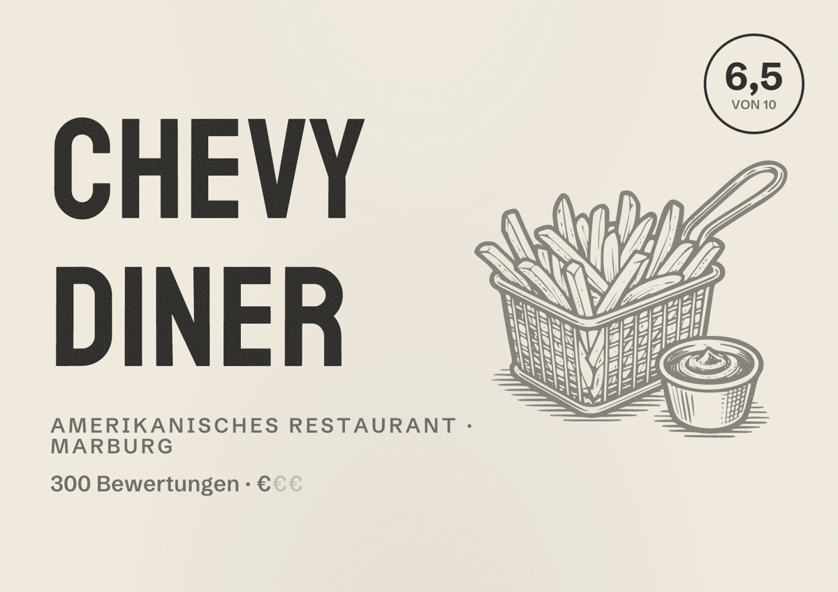 Illustriertes Poster von Chevy Diner, Amerikanisches Restaurant in Marburg: Bewertung 6,5 von 10 aus 300 Bewertungen, Preisniveau €