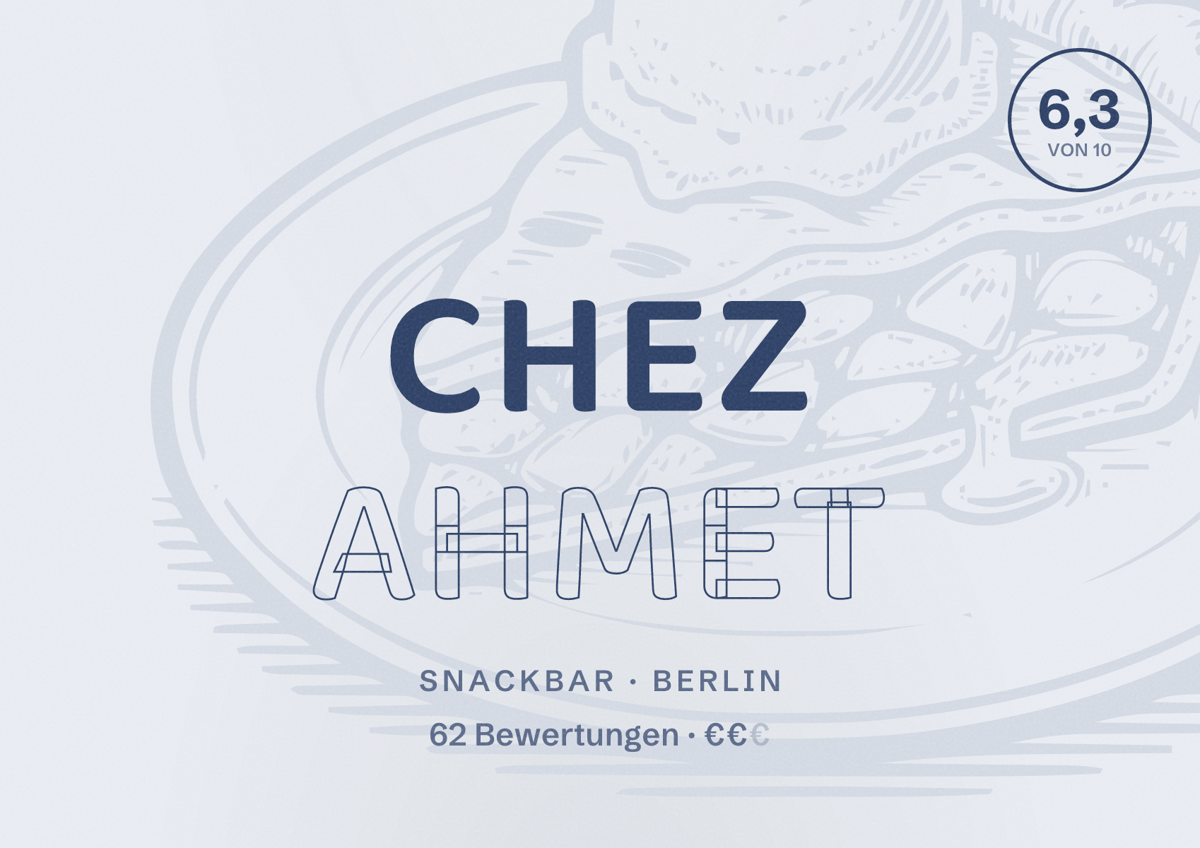 Illustriertes Poster von Chez Ahmet, Snackbar in Berlin: Bewertung 6,3 von 10 aus 62 Bewertungen, Preisniveau €€