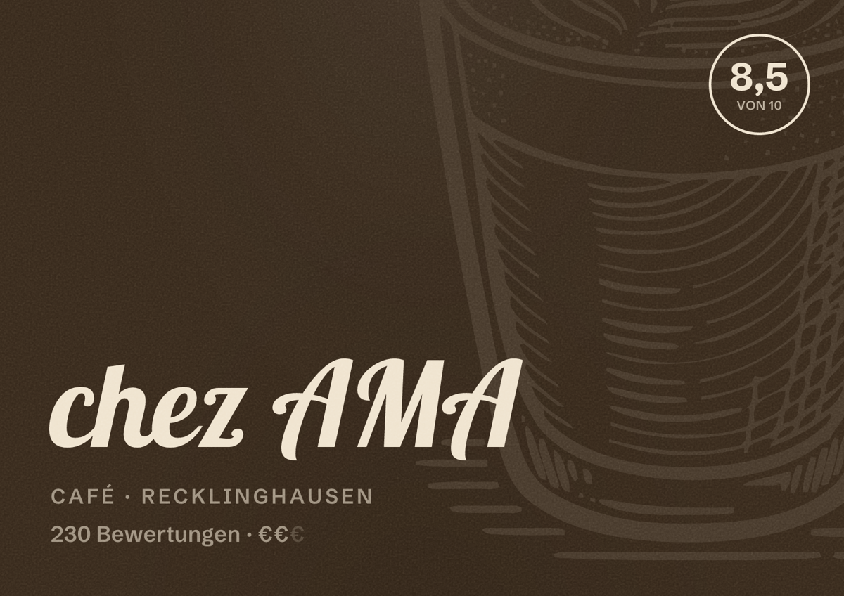 Illustriertes Poster von chez AMA, Café in Recklinghausen: Bewertung 8,5 von 10 aus 230 Bewertungen, Preisniveau €€