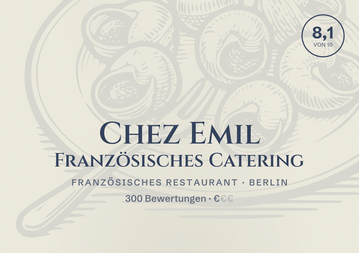 Illustriertes Poster von Chez Emil Französisches Catering, Französisches Restaurant in Berlin: Bewertung 8,1 von 10 aus 300 Bewertungen, Preisniveau €