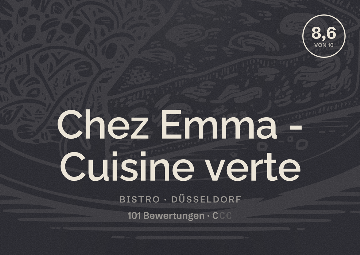 Illustriertes Poster von Chez Emma - Cuisine verte, Bistro in Düsseldorf: Bewertung 8,6 von 10 aus 101 Bewertungen, Preisniveau €