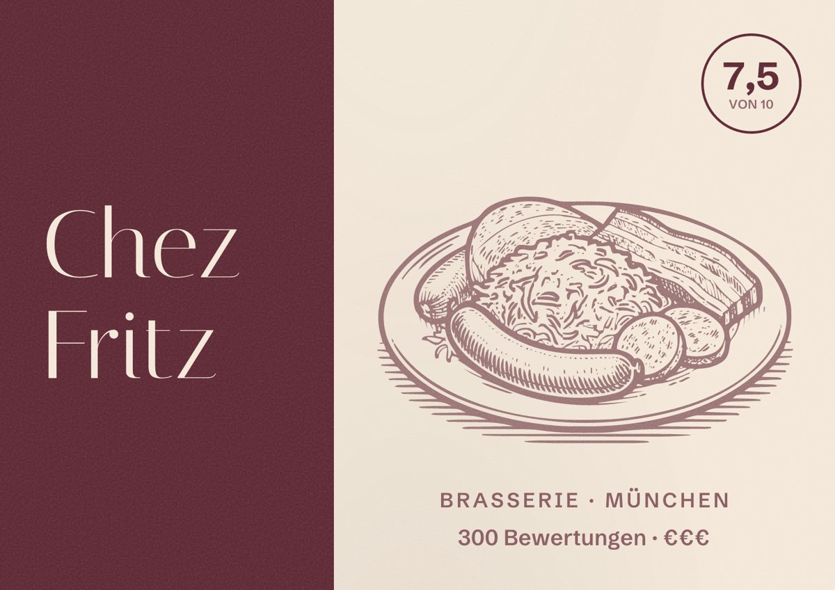 Illustriertes Poster von Chez Fritz, Brasserie in München: Bewertung 7,5 von 10 aus 300 Bewertungen, Preisniveau €€€