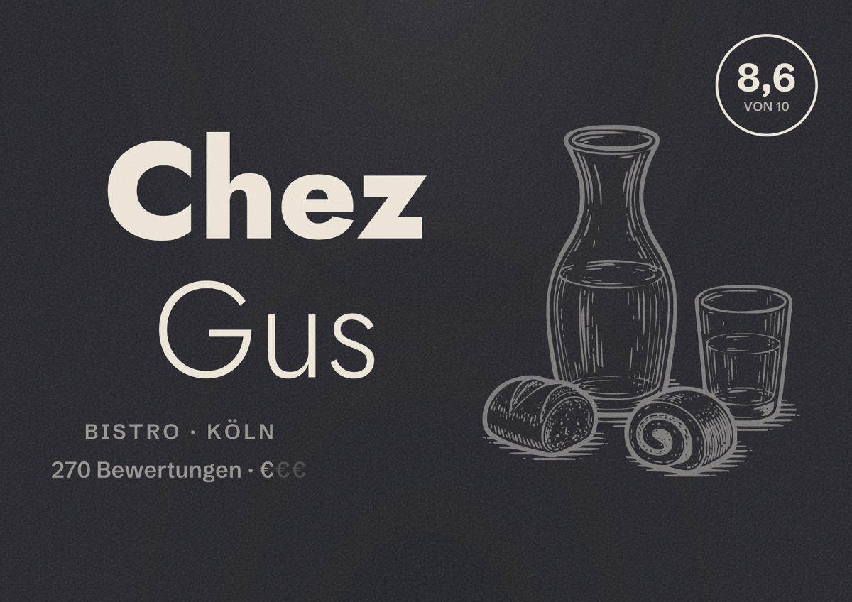 Illustriertes Poster von Chez Gus, Bistro in Köln: Bewertung 8,6 von 10 aus 270 Bewertungen, Preisniveau €