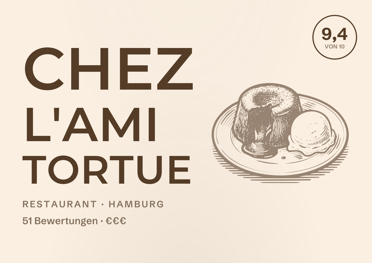 Illustriertes Poster von chez l'ami TORTUE, Restaurant in Hamburg: Bewertung 9,4 von 10 aus 51 Bewertungen, Preisniveau €€€