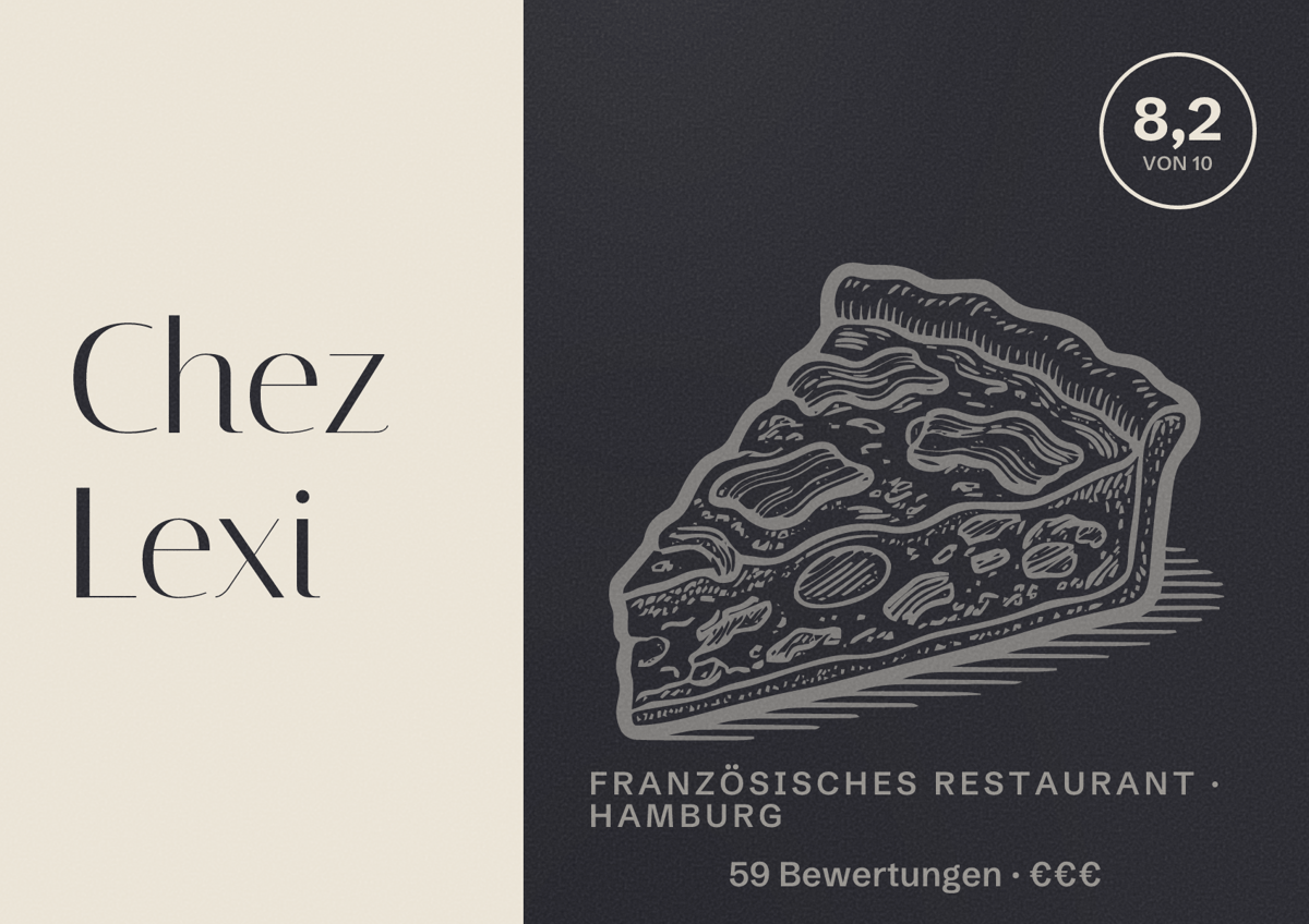 Illustriertes Poster von Chez Lexi, Französisches Restaurant in Hamburg: Bewertung 8,2 von 10 aus 59 Bewertungen, Preisniveau €€€