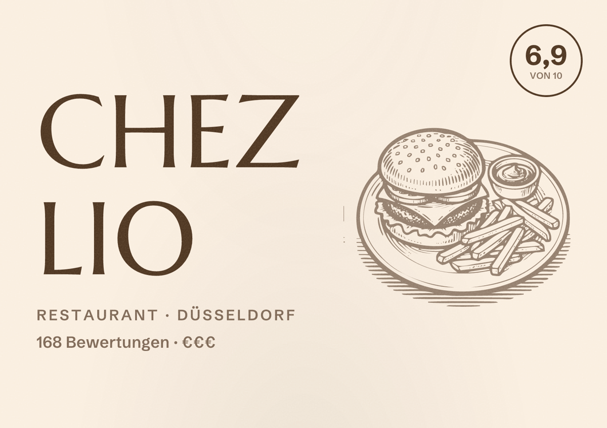 Illustriertes Poster von Chez Lio, Restaurant in Düsseldorf: Bewertung 6,9 von 10 aus 168 Bewertungen, Preisniveau €€€