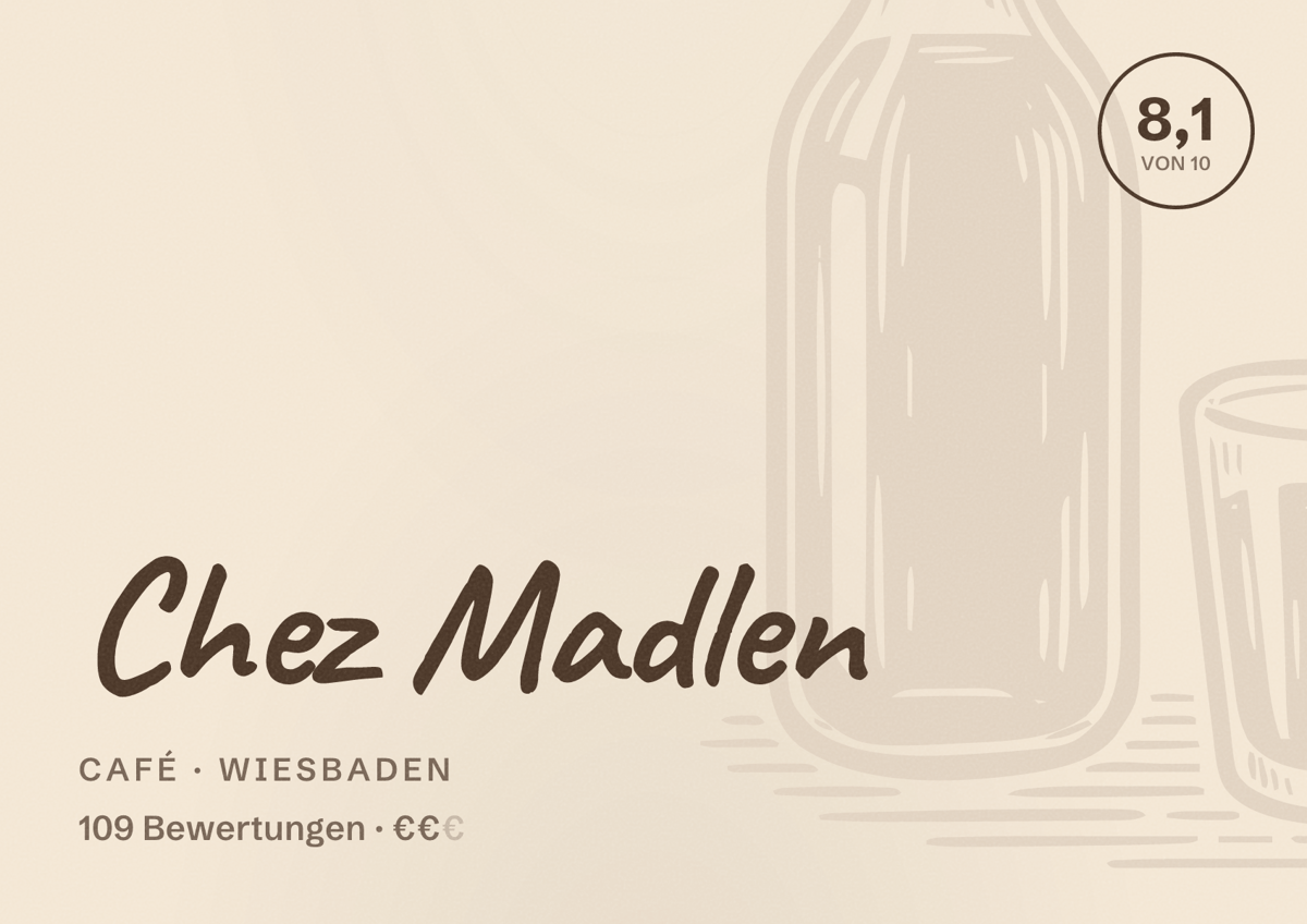 Illustriertes Poster von Chez Madlen, Café in Wiesbaden: Bewertung 8,1 von 10 aus 109 Bewertungen, Preisniveau €€