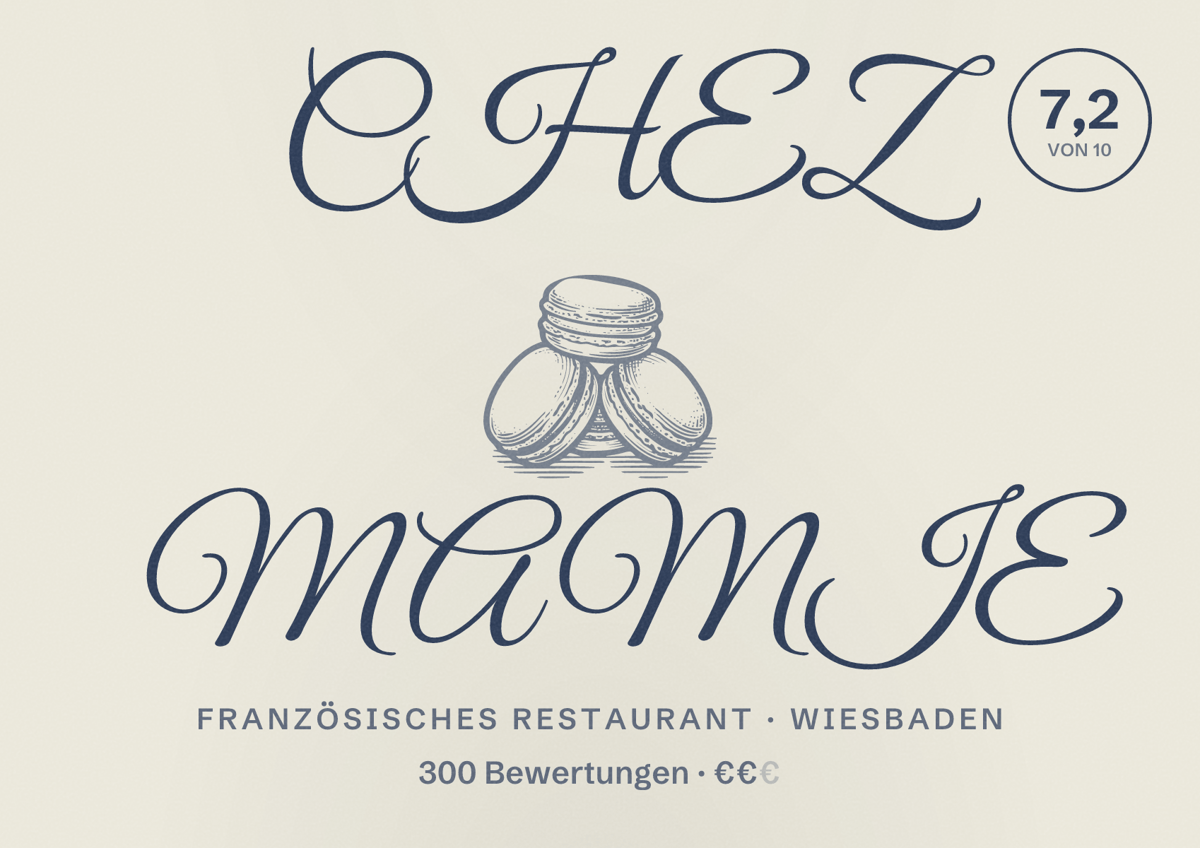 Illustriertes Poster von CHEZ MAMIE, Französisches Restaurant in Wiesbaden: Bewertung 7,2 von 10 aus 300 Bewertungen, Preisniveau €€
