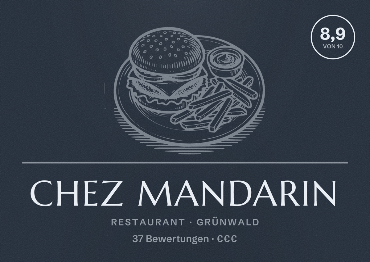 Illustriertes Poster von Chez Mandarin, Restaurant in Grünwald: Bewertung 8,9 von 10 aus 37 Bewertungen, Preisniveau €€€